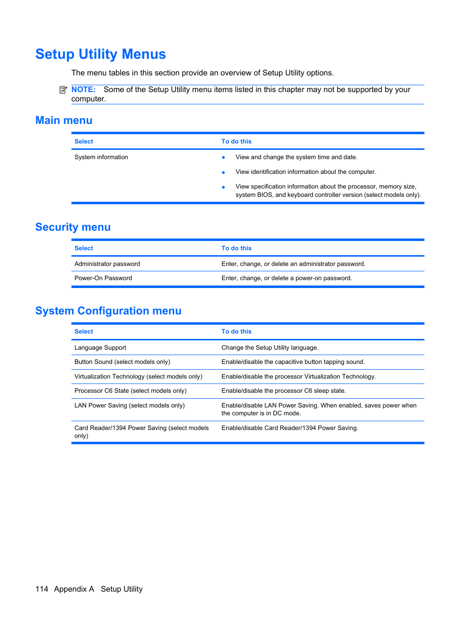 Setup utility menus, Main menu, Security menu | System configuration menu, Main menu security menu system configuration menu | HP Compaq Presario CQ35-337TX Notebook PC User Manual | Page 124 / 135