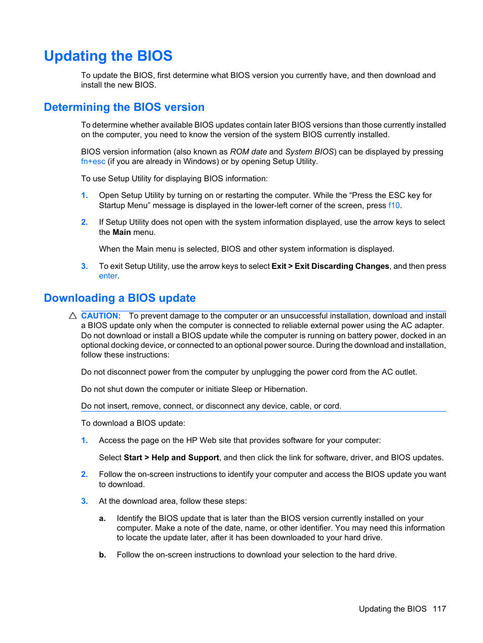 Updating the bios, Determining the bios version, Downloading a bios update | HP Compaq Presario CQ35-337TX Notebook PC User Manual | Page 127 / 135