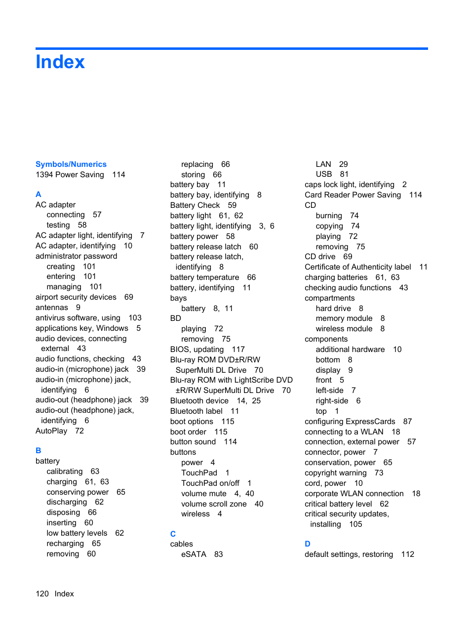 Index | HP Compaq Presario CQ35-337TX Notebook PC User Manual | Page 130 / 135