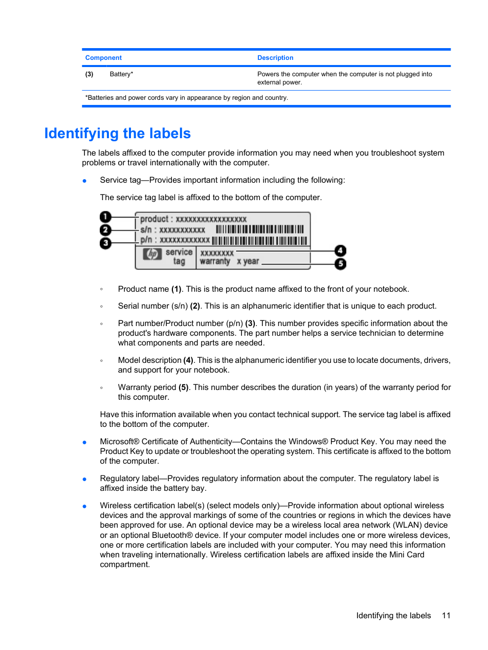 Identifying the labels | HP Compaq Presario CQ35-337TX Notebook PC User Manual | Page 21 / 135