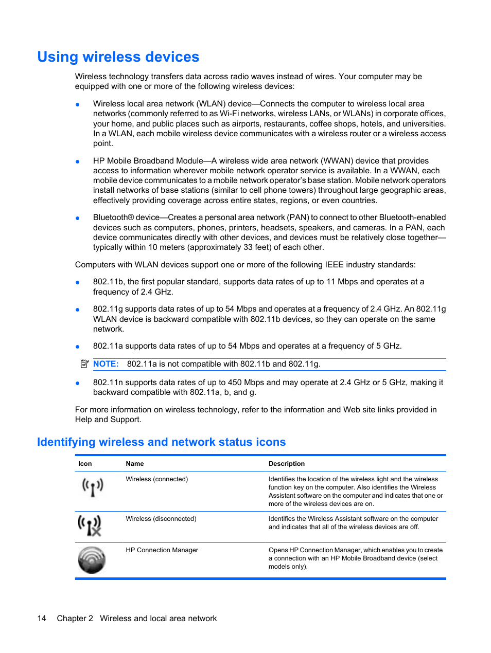 Using wireless devices, Identifying wireless and network status icons | HP Compaq Presario CQ35-337TX Notebook PC User Manual | Page 24 / 135