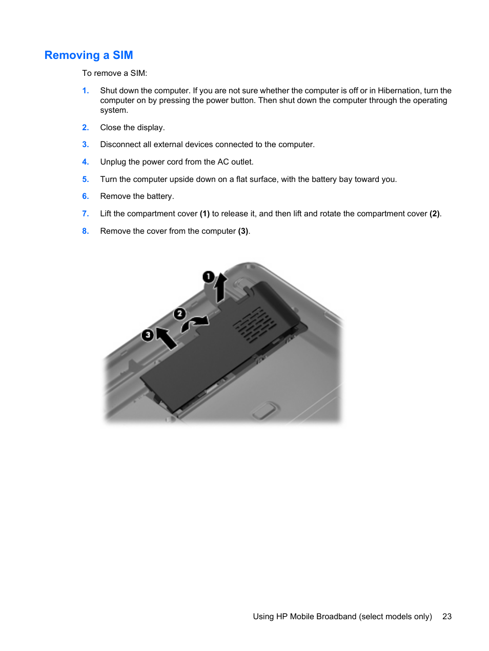 Removing a sim | HP Compaq Presario CQ35-337TX Notebook PC User Manual | Page 33 / 135