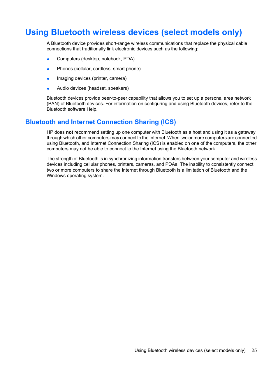 Bluetooth and internet connection sharing (ics) | HP Compaq Presario CQ35-337TX Notebook PC User Manual | Page 35 / 135