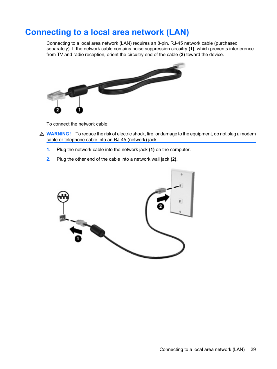 Connecting to a local area network (lan) | HP Compaq Presario CQ35-337TX Notebook PC User Manual | Page 39 / 135