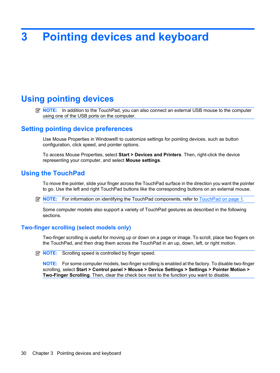 Pointing devices and keyboard, Using pointing devices, Setting pointing device preferences | Using the touchpad, Two-finger scrolling (select models only), 3 pointing devices and keyboard, 3pointing devices and keyboard | HP Compaq Presario CQ35-337TX Notebook PC User Manual | Page 40 / 135