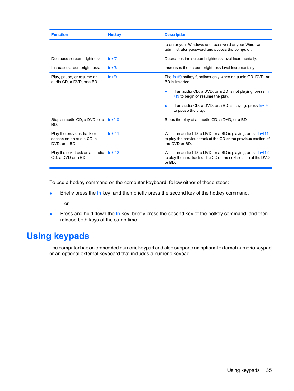 Using keypads | HP Compaq Presario CQ35-337TX Notebook PC User Manual | Page 45 / 135