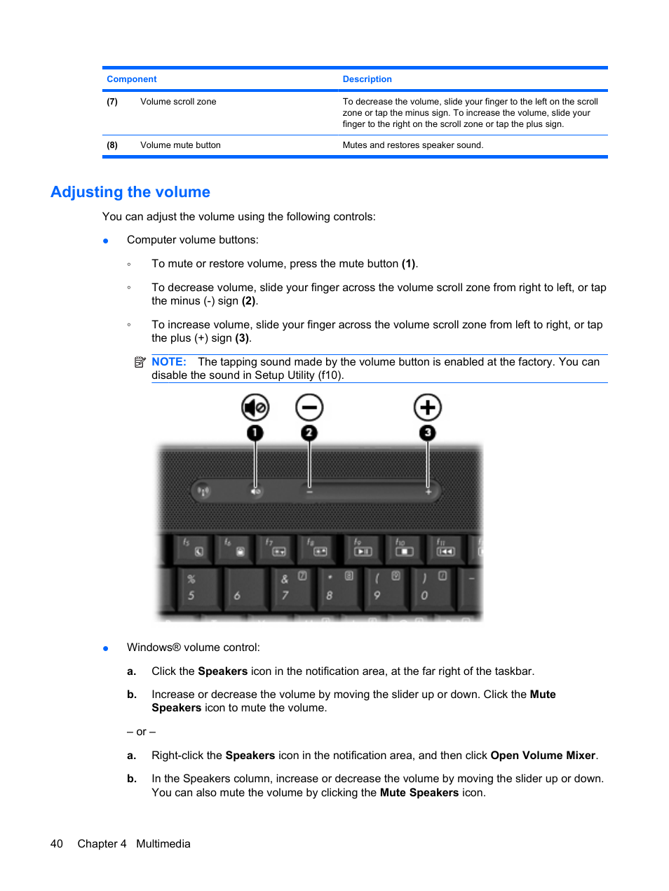 Adjusting the volume | HP Compaq Presario CQ35-337TX Notebook PC User Manual | Page 50 / 135