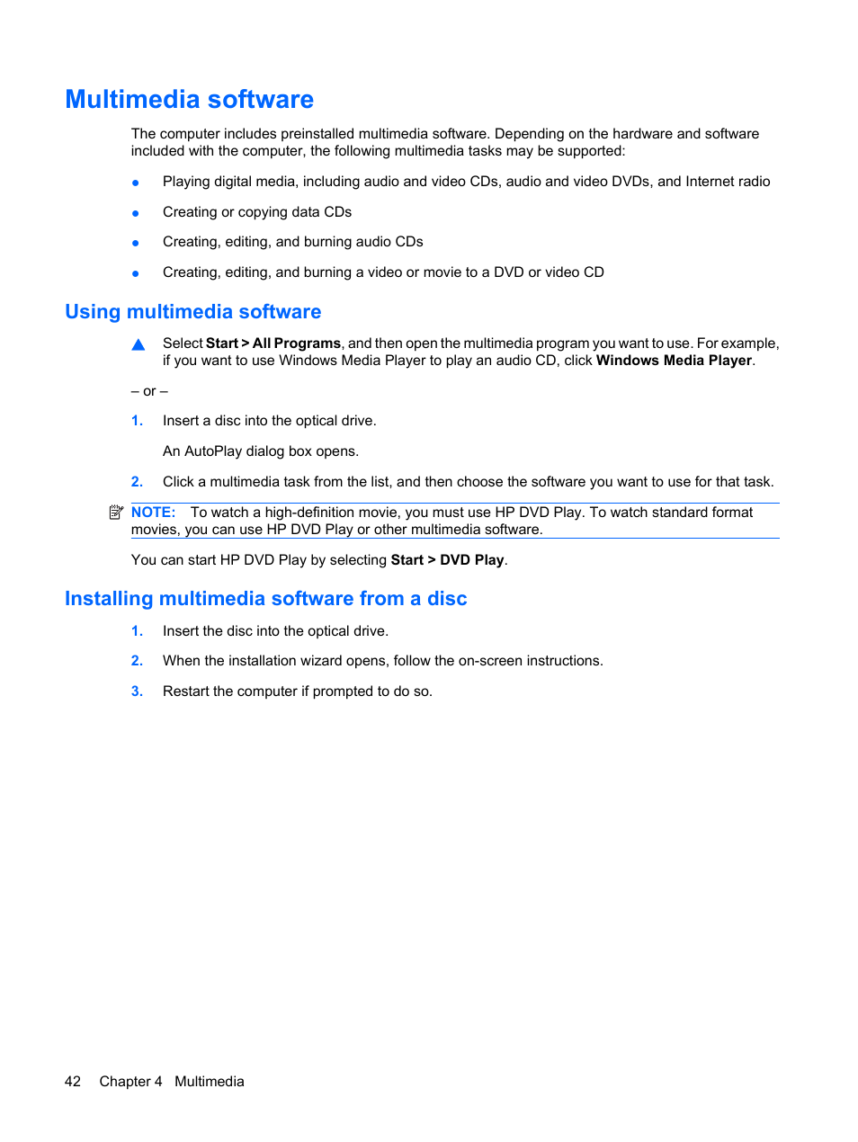 Multimedia software, Using multimedia software, Installing multimedia software from a disc | HP Compaq Presario CQ35-337TX Notebook PC User Manual | Page 52 / 135