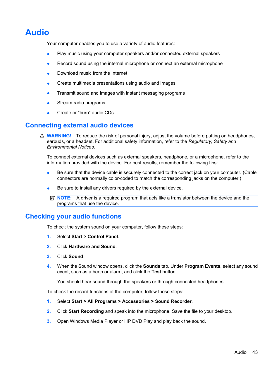 Audio, Connecting external audio devices, Checking your audio functions | HP Compaq Presario CQ35-337TX Notebook PC User Manual | Page 53 / 135
