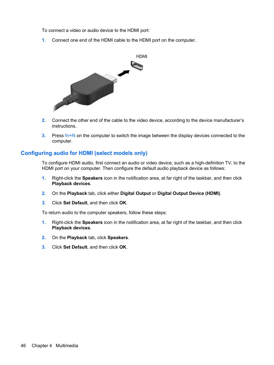 Configuring audio for hdmi (select models only) | HP Compaq Presario CQ35-337TX Notebook PC User Manual | Page 56 / 135