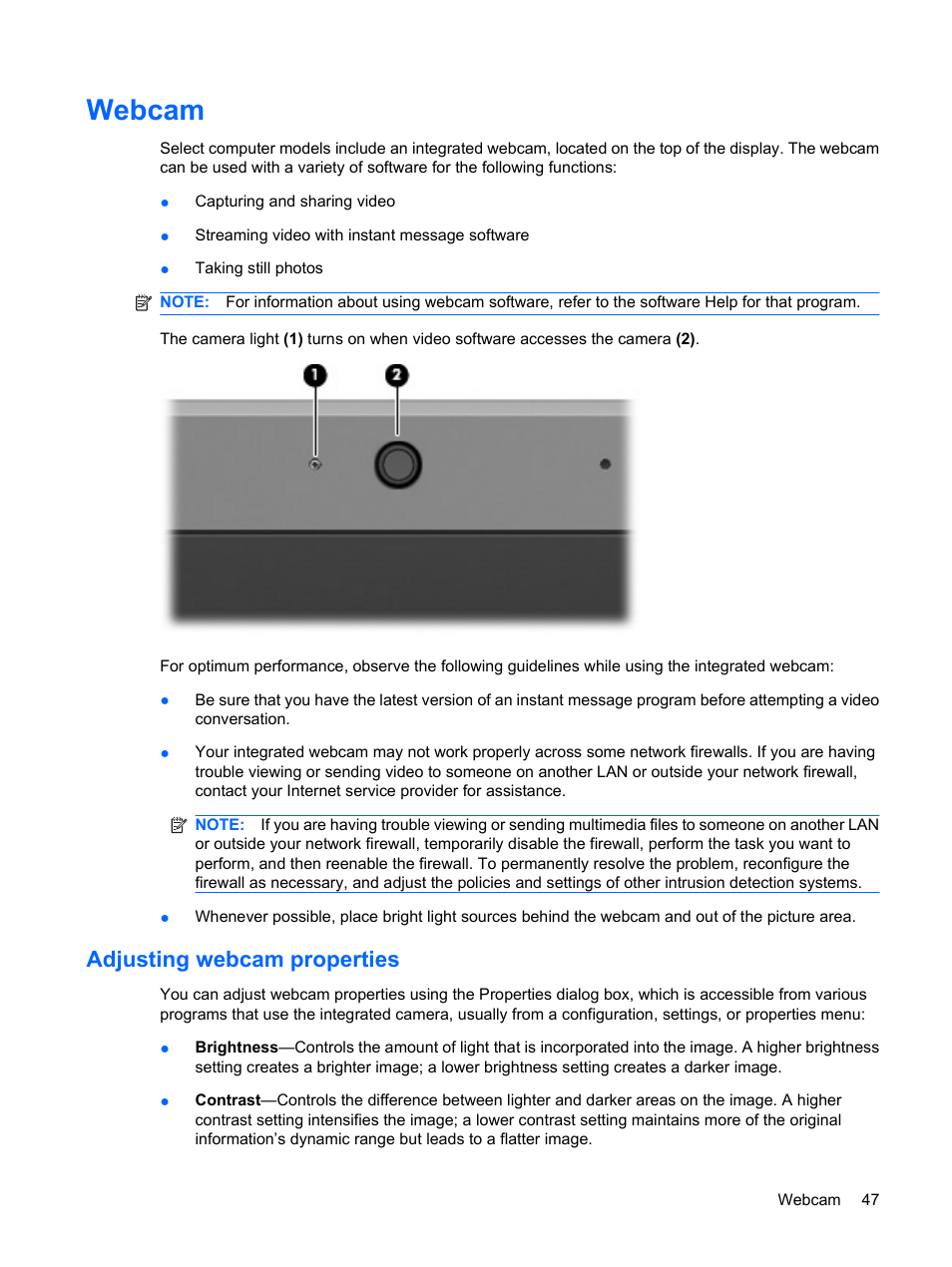 Webcam, Adjusting webcam properties | HP Compaq Presario CQ35-337TX Notebook PC User Manual | Page 57 / 135