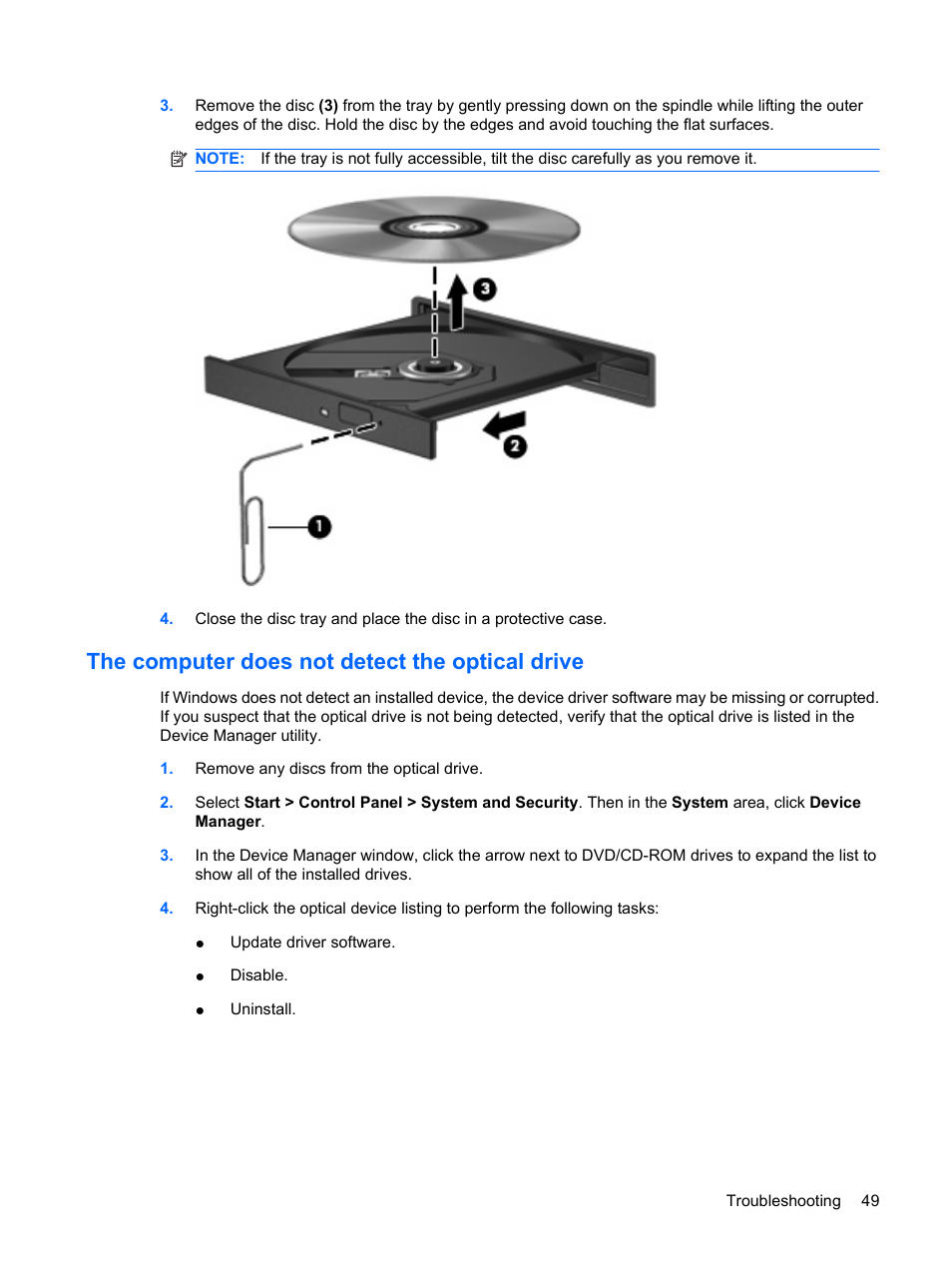 The computer does not detect the optical drive | HP Compaq Presario CQ35-337TX Notebook PC User Manual | Page 59 / 135
