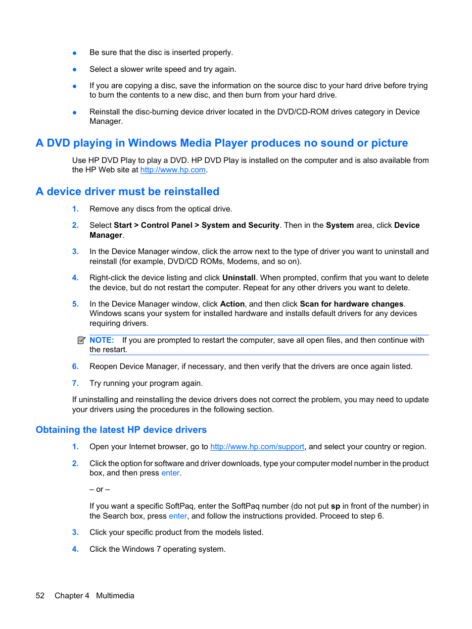 A device driver must be reinstalled, Obtaining the latest hp device drivers | HP Compaq Presario CQ35-337TX Notebook PC User Manual | Page 62 / 135