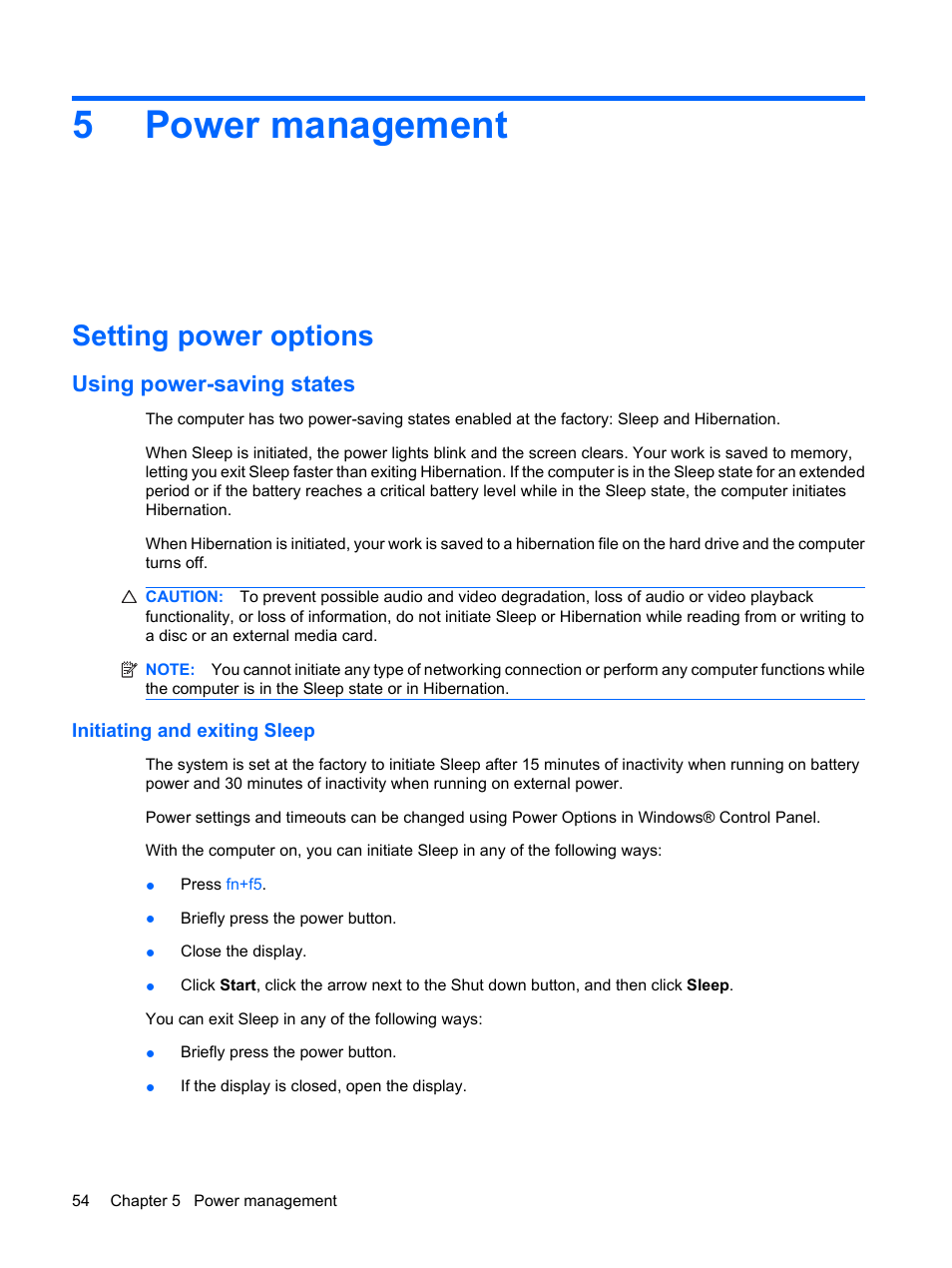 Power management, Setting power options, Using power-saving states | Initiating and exiting sleep, 5 power management, 5power management | HP Compaq Presario CQ35-337TX Notebook PC User Manual | Page 64 / 135