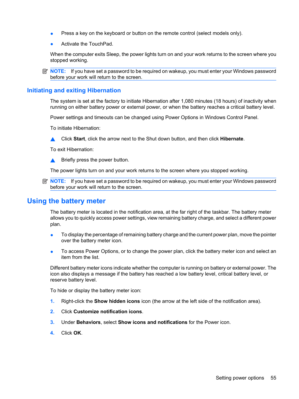 Initiating and exiting hibernation, Using the battery meter | HP Compaq Presario CQ35-337TX Notebook PC User Manual | Page 65 / 135
