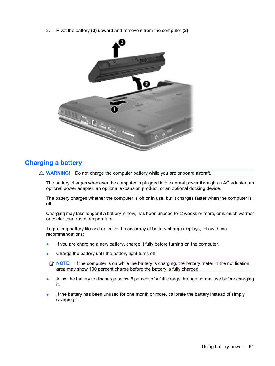 Charging a battery | HP Compaq Presario CQ35-337TX Notebook PC User Manual | Page 71 / 135