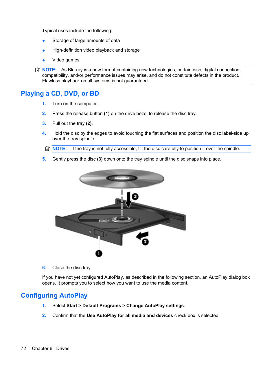 Playing a cd, dvd, or bd, Configuring autoplay, Playing a cd, dvd, or bd configuring autoplay | HP Compaq Presario CQ35-337TX Notebook PC User Manual | Page 82 / 135
