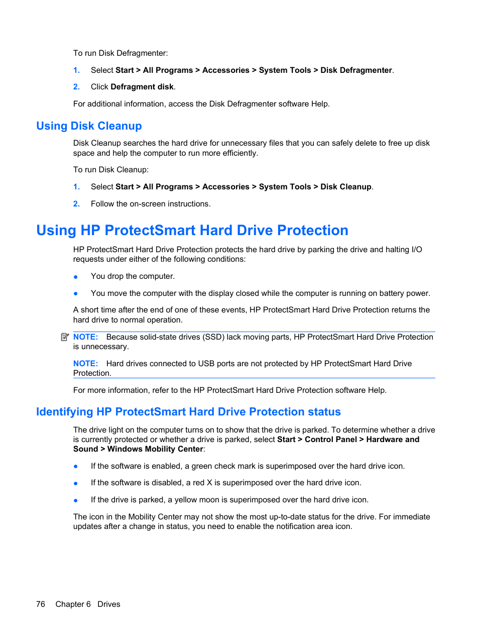Using disk cleanup, Using hp protectsmart hard drive protection | HP Compaq Presario CQ35-337TX Notebook PC User Manual | Page 86 / 135