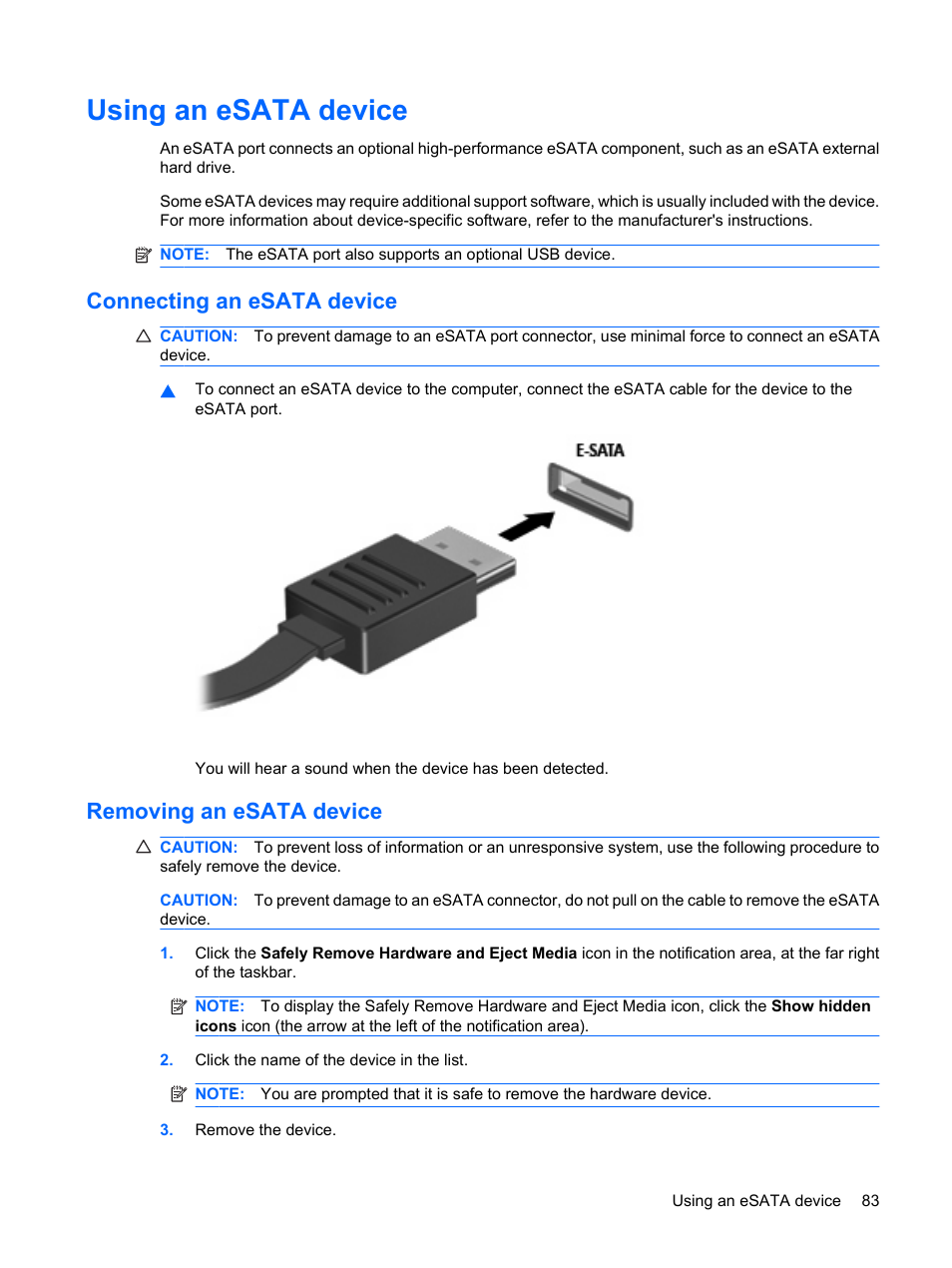 Using an esata device, Connecting an esata device, Removing an esata device | HP Compaq Presario CQ35-337TX Notebook PC User Manual | Page 93 / 135
