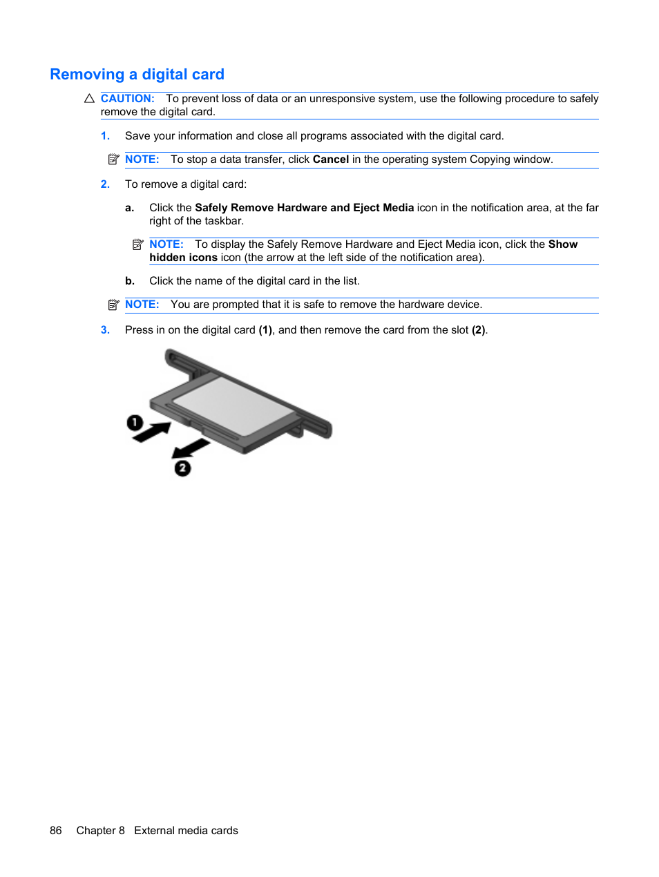 Removing a digital card | HP Compaq Presario CQ35-337TX Notebook PC User Manual | Page 96 / 135