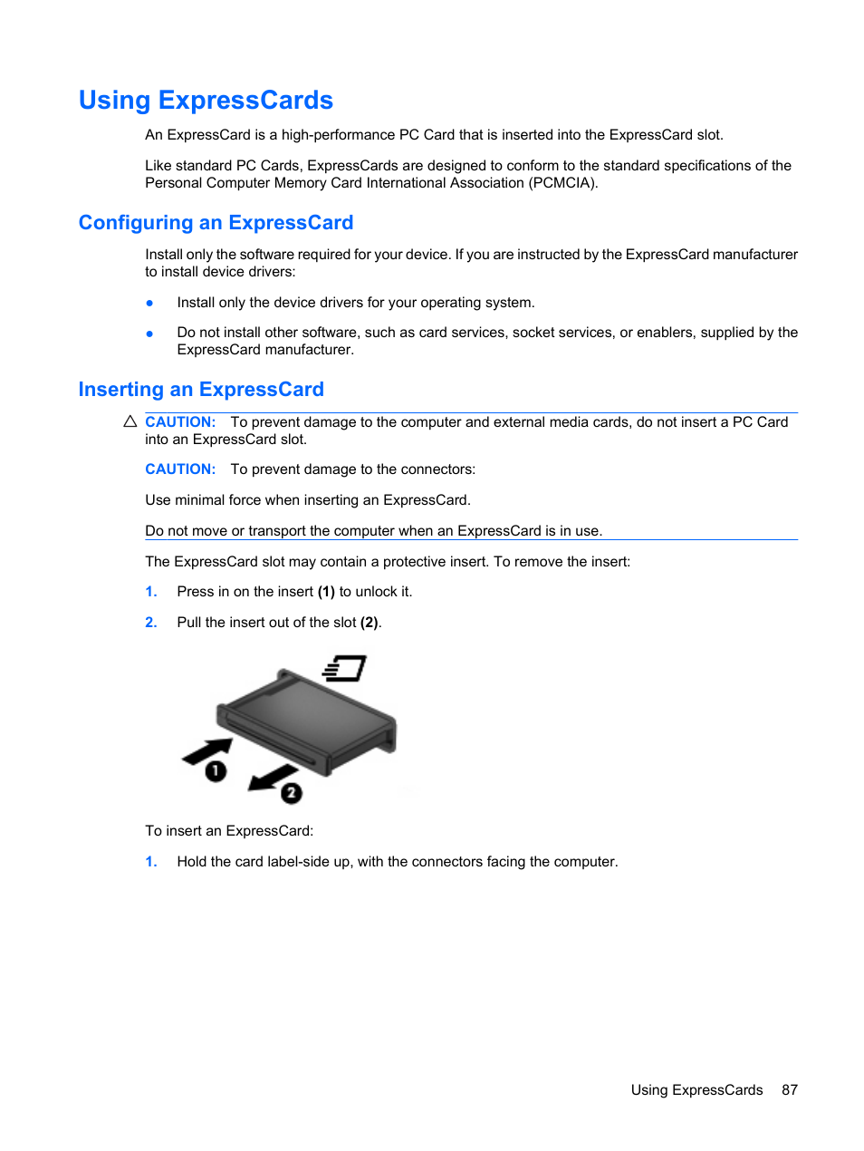 Using expresscards, Configuring an expresscard, Inserting an expresscard | HP Compaq Presario CQ35-337TX Notebook PC User Manual | Page 97 / 135