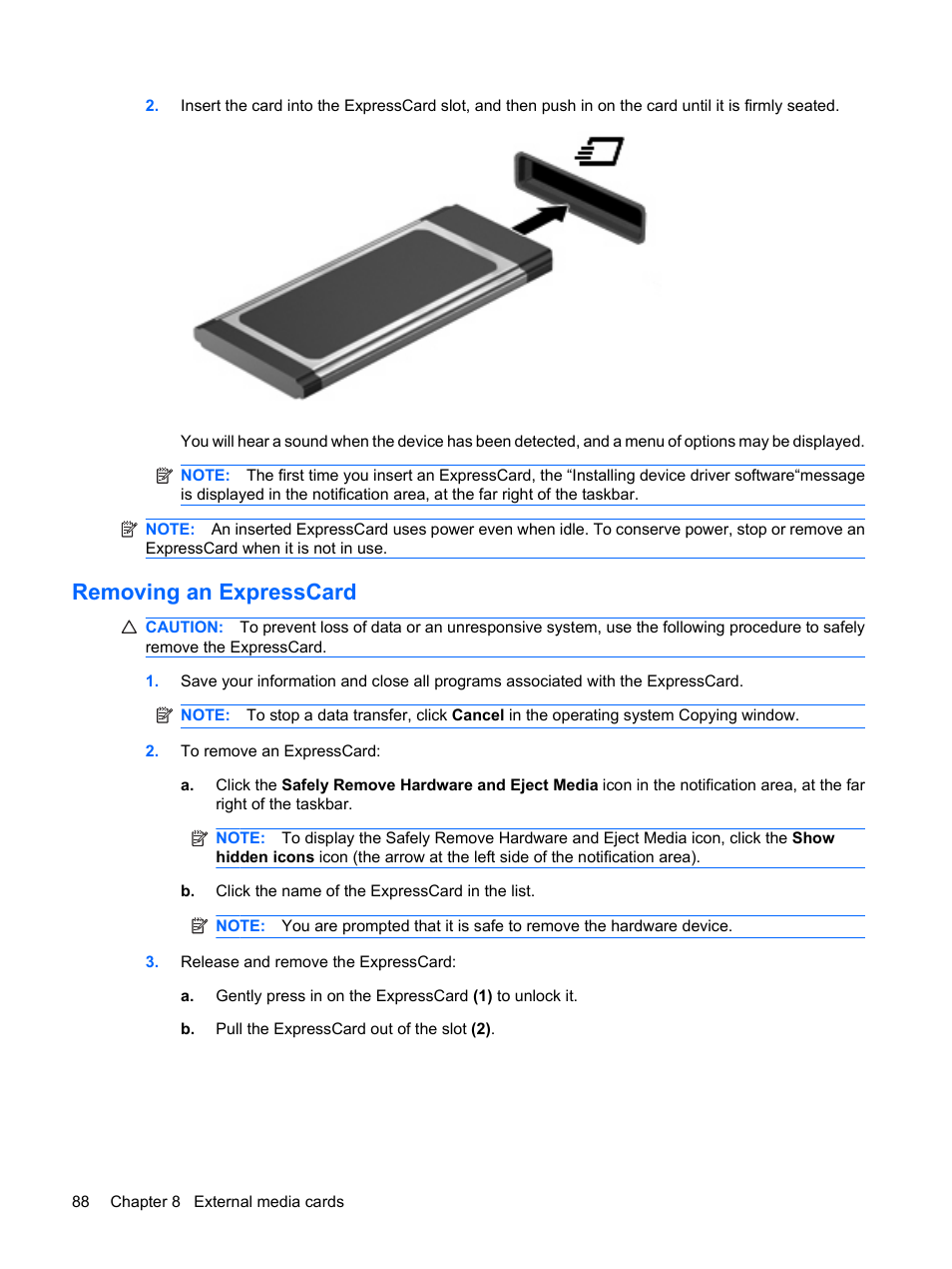 Removing an expresscard | HP Compaq Presario CQ35-337TX Notebook PC User Manual | Page 98 / 135