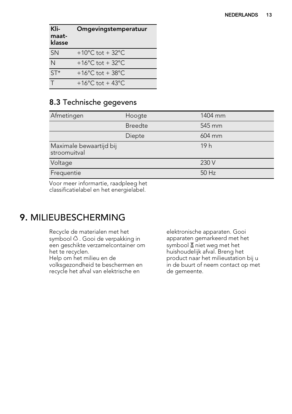 Milieubescherming, 3 technische gegevens | AEG S72300DSW1 User Manual | Page 13 / 80
