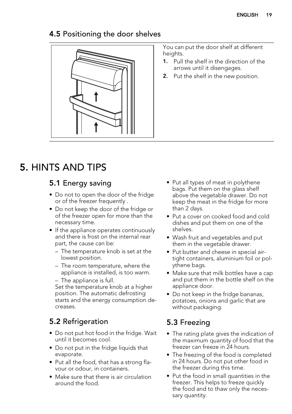 Hints and tips, 5 positioning the door shelves, 1 energy saving | 2 refrigeration, 3 freezing | AEG S72300DSW1 User Manual | Page 19 / 80