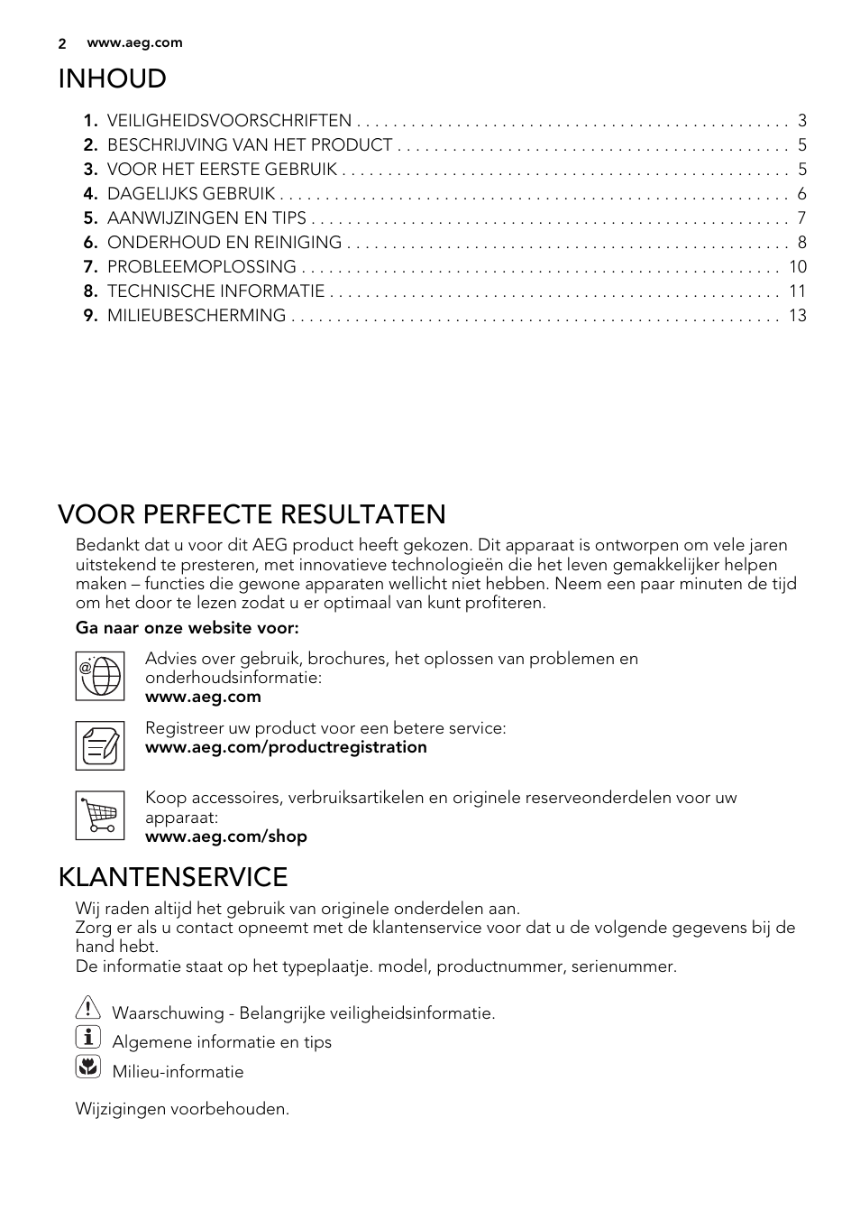 Inhoud, Voor perfecte resultaten, Klantenservice | AEG S72300DSW1 User Manual | Page 2 / 80