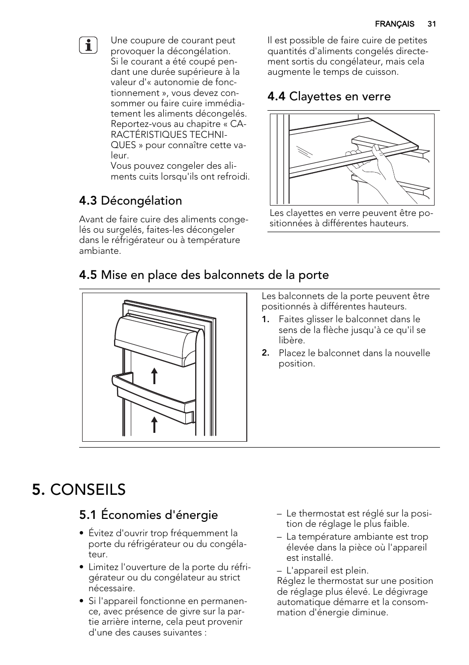 Conseils, 3 décongélation, 4 clayettes en verre | 5 mise en place des balconnets de la porte, 1 économies d'énergie | AEG S72300DSW1 User Manual | Page 31 / 80