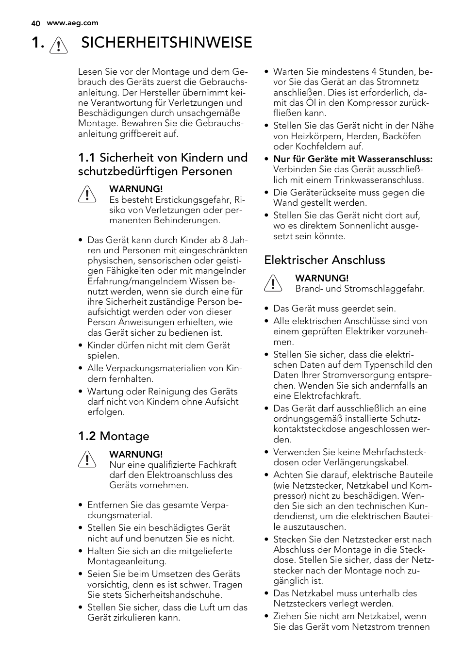Sicherheitshinweise, 2 montage, Elektrischer anschluss | AEG S72300DSW1 User Manual | Page 40 / 80