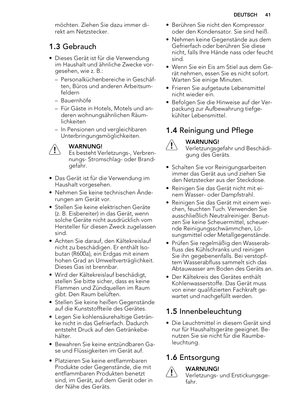3 gebrauch, 4 reinigung und pflege, 5 innenbeleuchtung | 6 entsorgung | AEG S72300DSW1 User Manual | Page 41 / 80