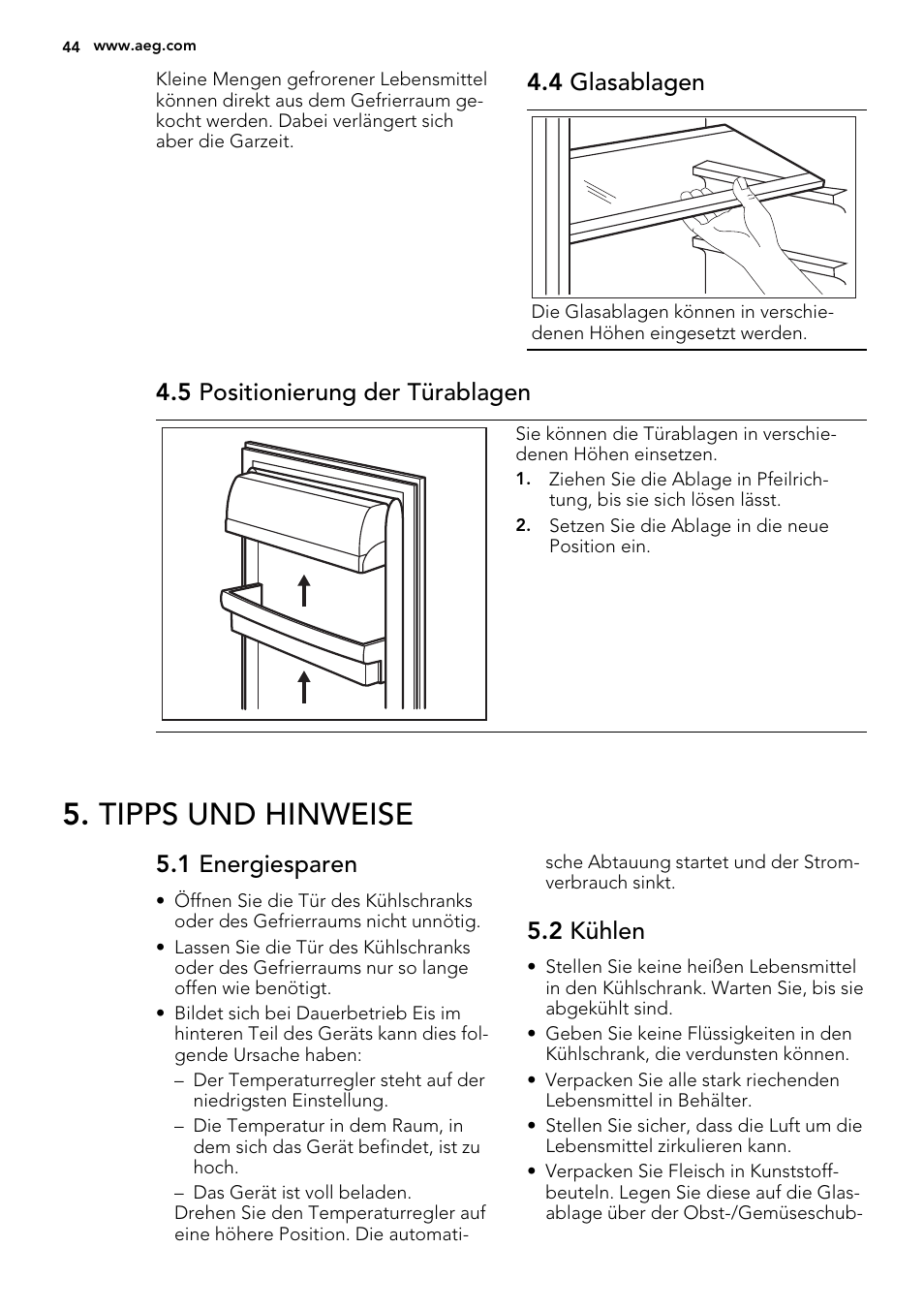 Tipps und hinweise, 4 glasablagen, 5 positionierung der türablagen | 1 energiesparen, 2 kühlen | AEG S72300DSW1 User Manual | Page 44 / 80