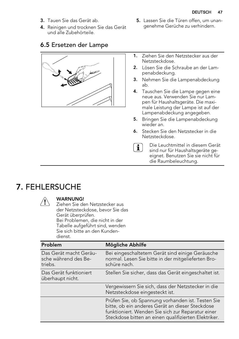 Fehlersuche, 5 ersetzen der lampe | AEG S72300DSW1 User Manual | Page 47 / 80