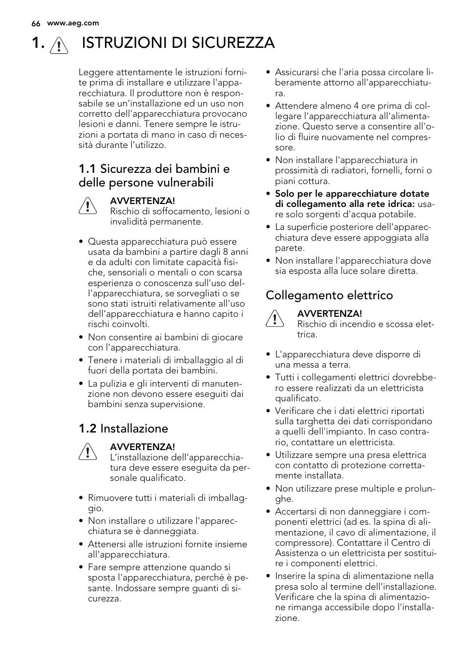 Istruzioni di sicurezza, 2 installazione, Collegamento elettrico | AEG S72300DSW1 User Manual | Page 66 / 80