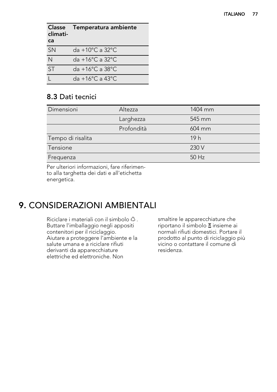 Considerazioni ambientali, 3 dati tecnici | AEG S72300DSW1 User Manual | Page 77 / 80