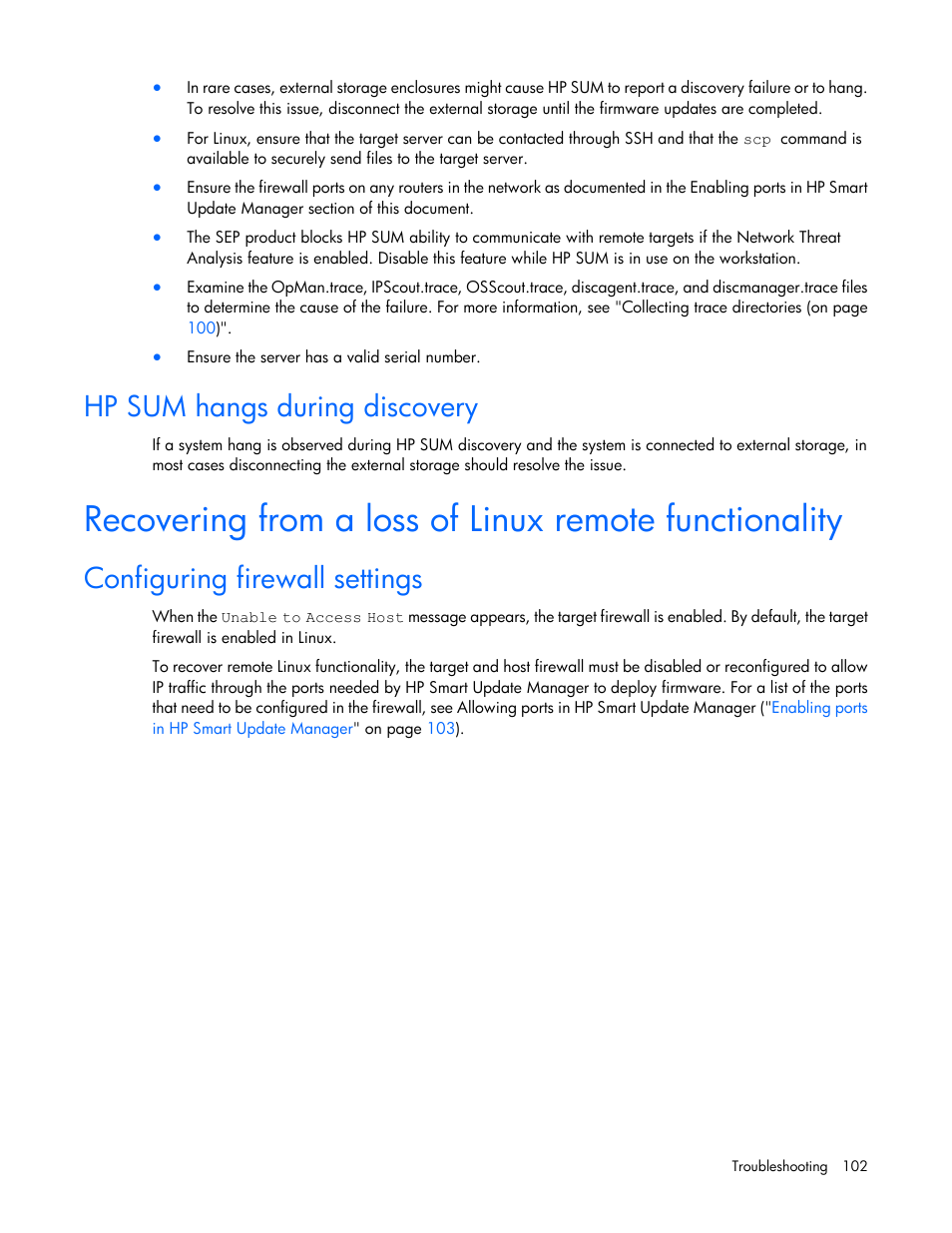 Hp sum hangs during discovery, Configuring firewall settings | HP Integrity rx2800 i2 Server User Manual | Page 102 / 124