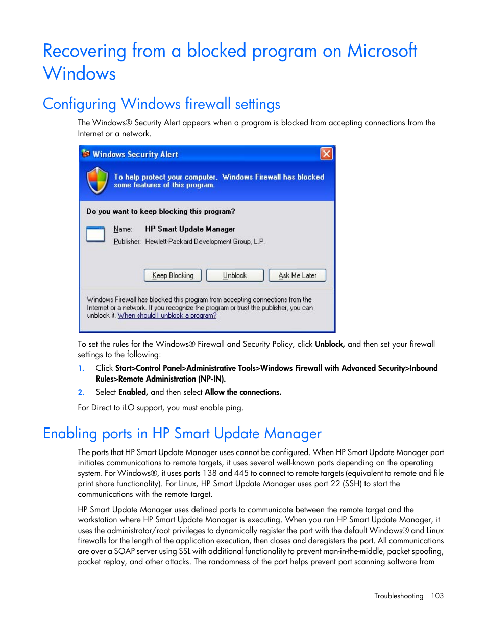 Configuring windows firewall settings, Enabling ports in hp smart update manager, Enabling ports in hp smart update | Manager, Enabling ports in, Hp smart update manager, Enabling ports, In hp smart update manager | HP Integrity rx2800 i2 Server User Manual | Page 103 / 124