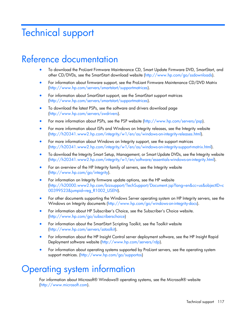 Technical support, Reference documentation, Operating system information | HP Integrity rx2800 i2 Server User Manual | Page 117 / 124