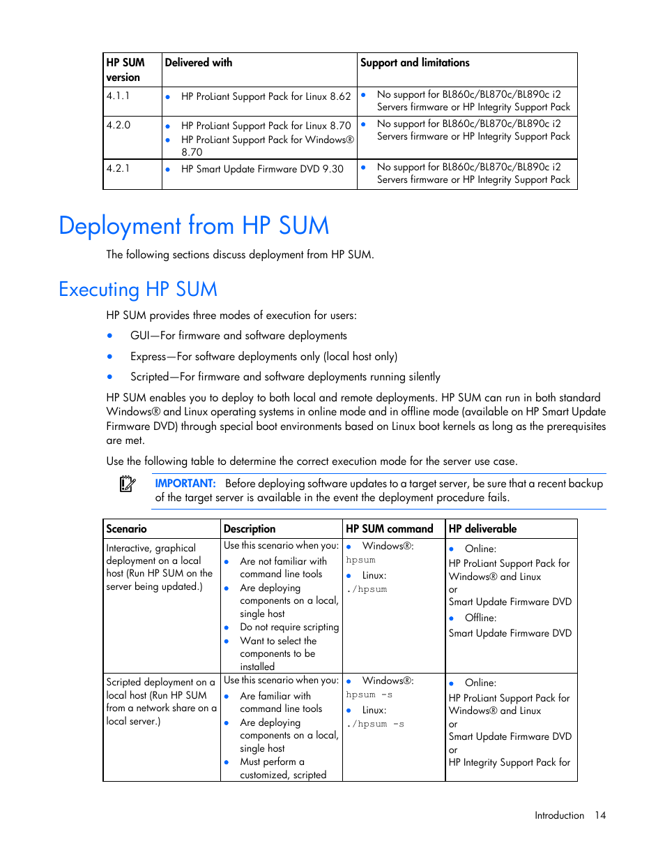 Deployment from hp sum, Executing hp sum | HP Integrity rx2800 i2 Server User Manual | Page 14 / 124