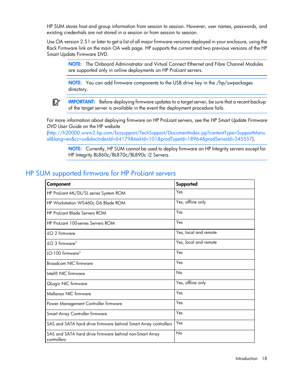 Hp sum supported firmware for hp proliant servers | HP Integrity rx2800 i2 Server User Manual | Page 18 / 124