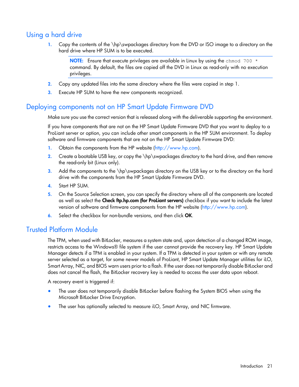 Using a hard drive, Trusted platform module | HP Integrity rx2800 i2 Server User Manual | Page 21 / 124