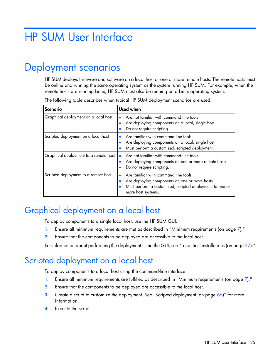 Hp sum user interface, Deployment scenarios, Graphical deployment on a local host | Scripted deployment on a local host | HP Integrity rx2800 i2 Server User Manual | Page 25 / 124