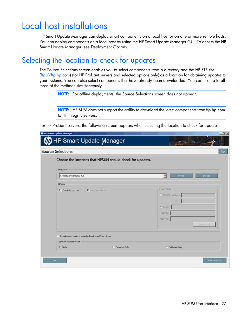 Local host installations, Selecting the location to check for updates | HP Integrity rx2800 i2 Server User Manual | Page 27 / 124