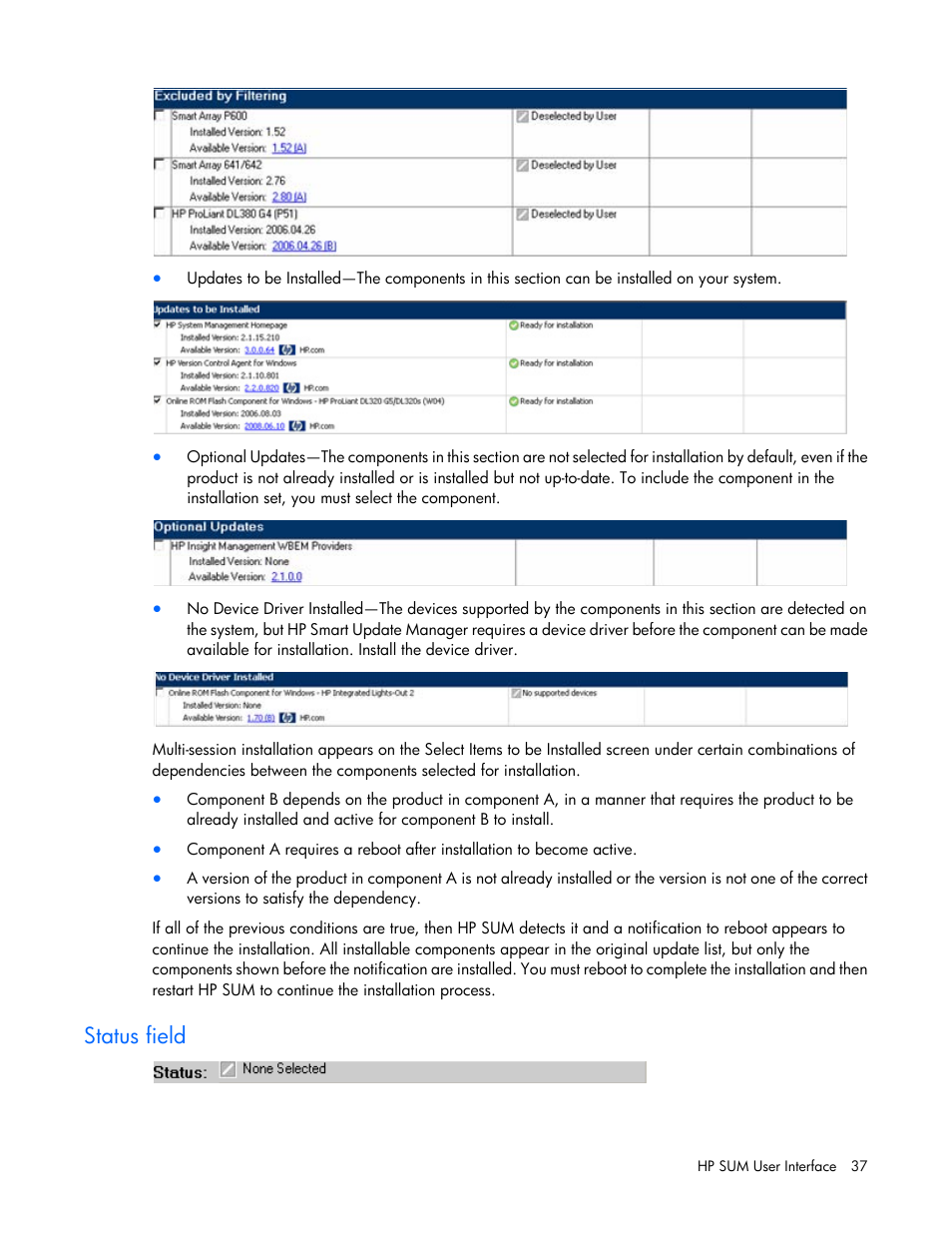 Status field | HP Integrity rx2800 i2 Server User Manual | Page 37 / 124