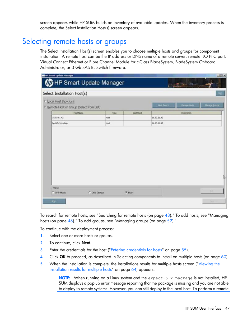 Selecting remote hosts or groups | HP Integrity rx2800 i2 Server User Manual | Page 47 / 124