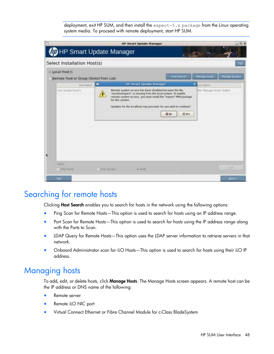 Searching for remote hosts, Managing hosts | HP Integrity rx2800 i2 Server User Manual | Page 48 / 124