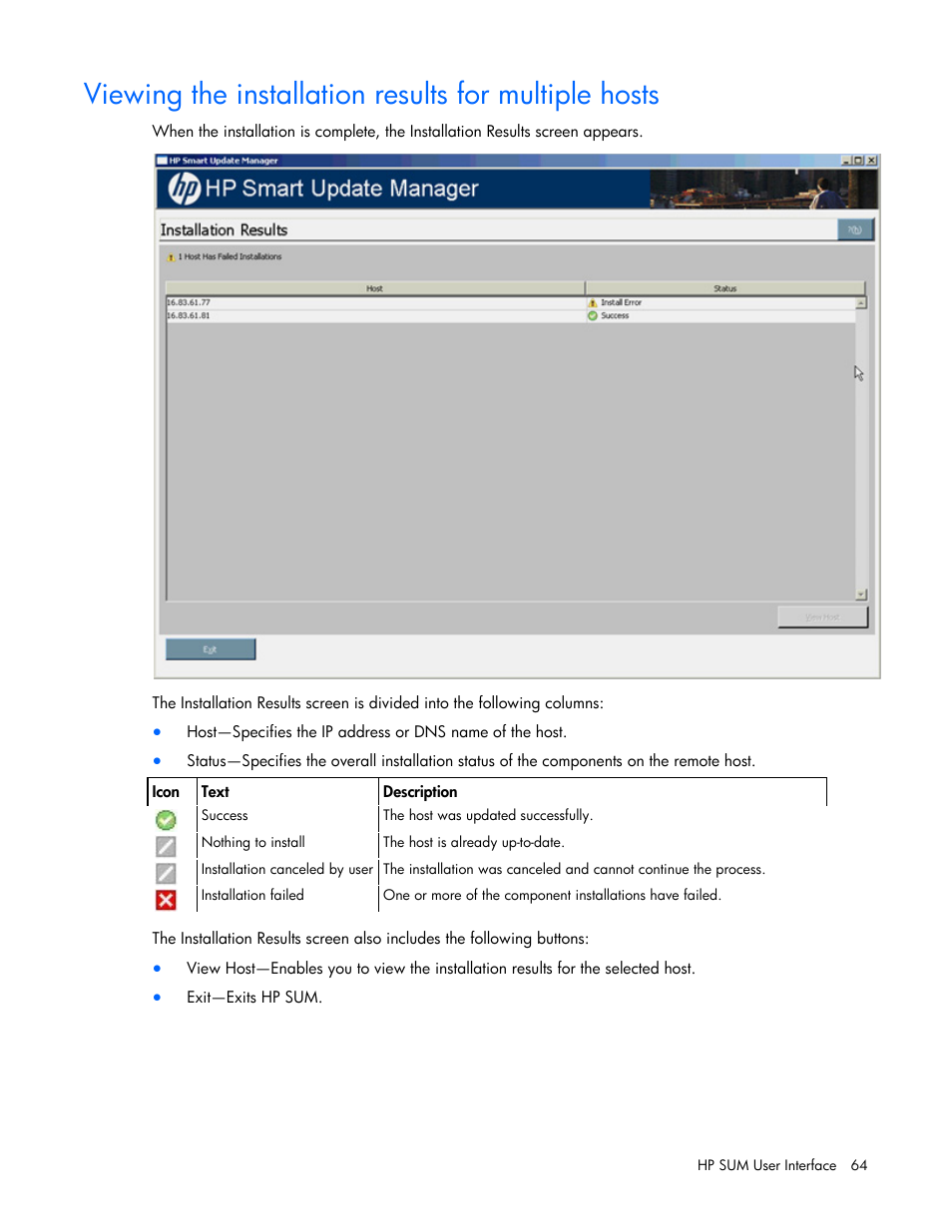 Viewing the, Installation results for multiple hosts | HP Integrity rx2800 i2 Server User Manual | Page 64 / 124