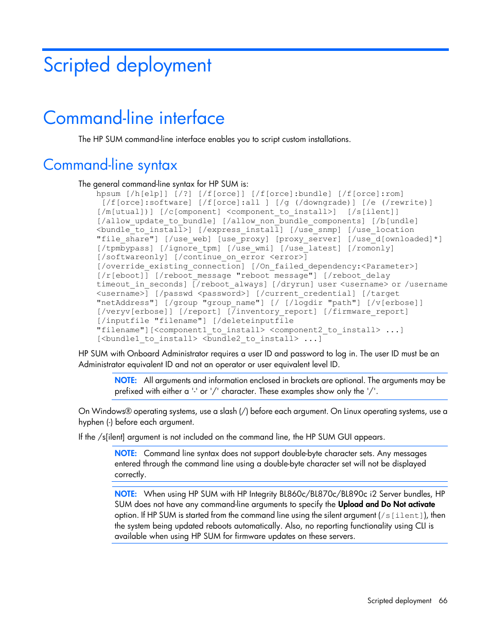 Scripted deployment, Command-line interface, Command-line syntax | HP Integrity rx2800 i2 Server User Manual | Page 66 / 124