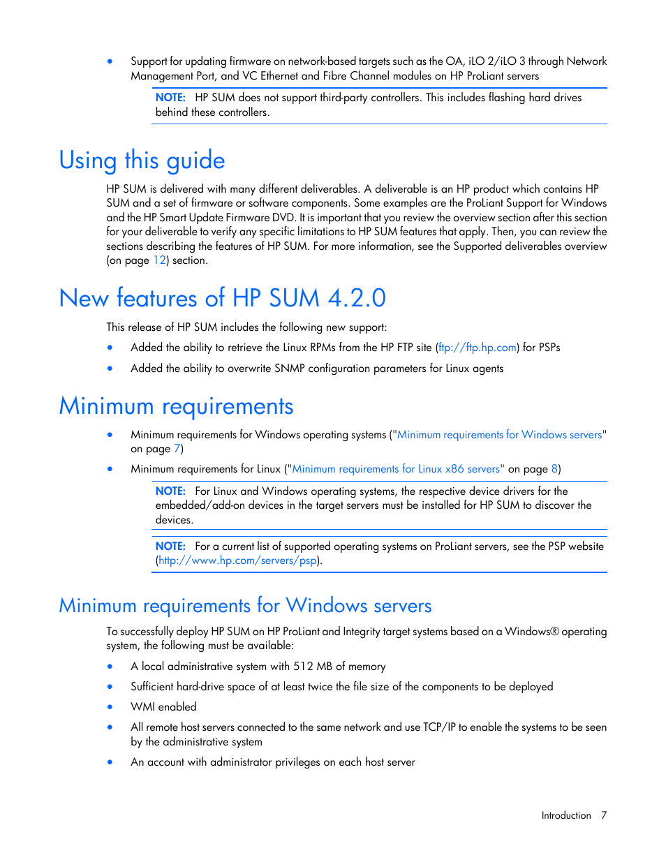 Using this guide, New features of hp sum 4.2.0, Minimum requirements | Minimum requirements for windows servers | HP Integrity rx2800 i2 Server User Manual | Page 7 / 124